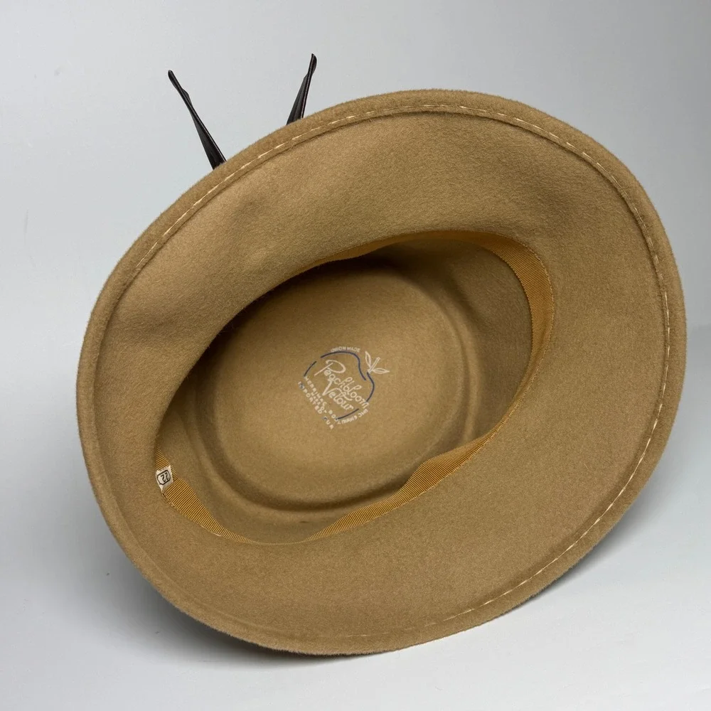Vintage Peachbloom Velour‎ Merrimac Body Fur Felt Cloche Hat Camel Tan Brown Bow